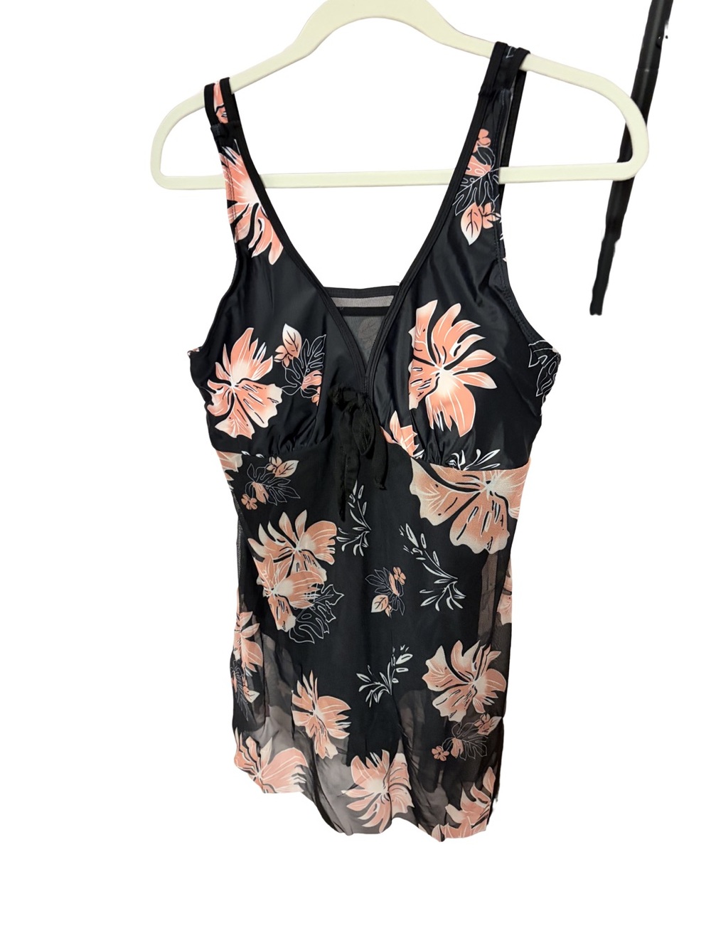 Amazon Women's Black Swim Dress Peach Floral Print Sheer Overlay XL NWT
